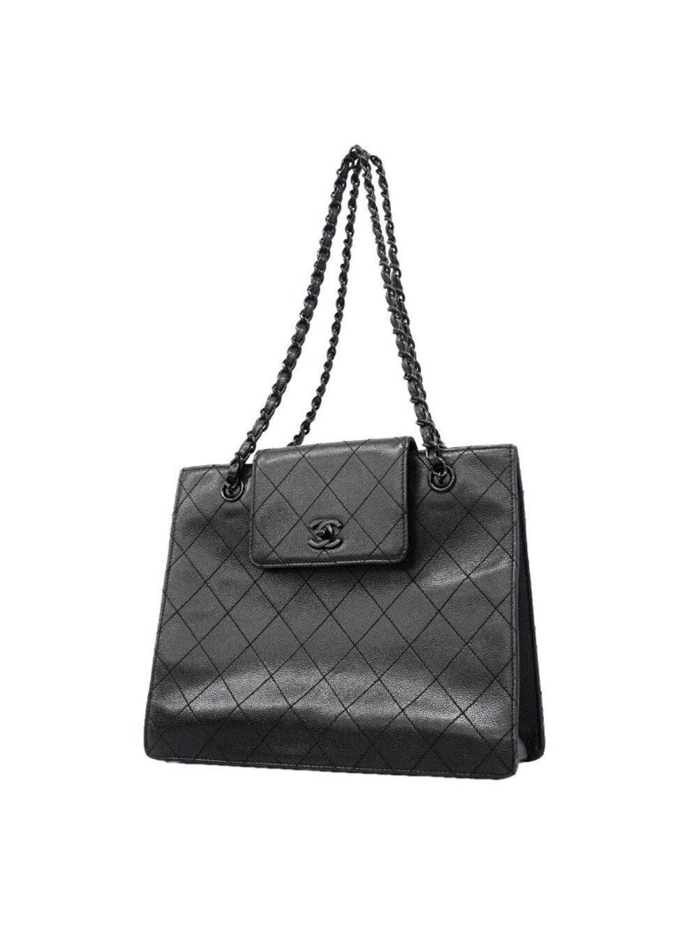Chanel Chain Tote Bag Quilted Caviar Leather Black